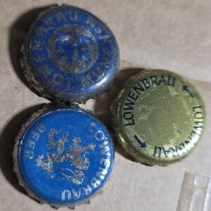 Vintage Lowenbrau Beer Bottle Caps Set of 3 Blue Gold Lion Logo Breweriana